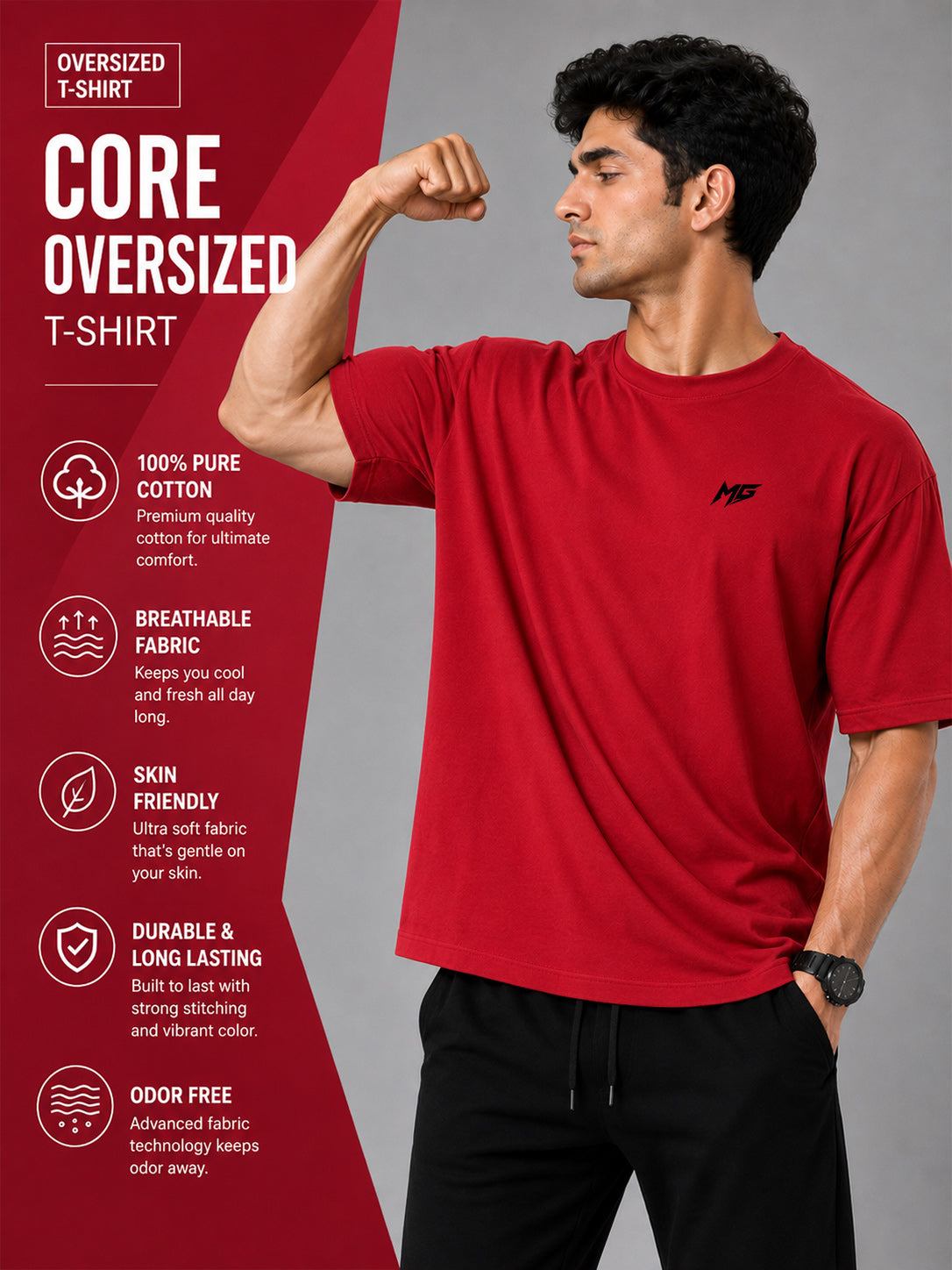 Core Oversized Premium Cotton Gym T-Shirt – Red