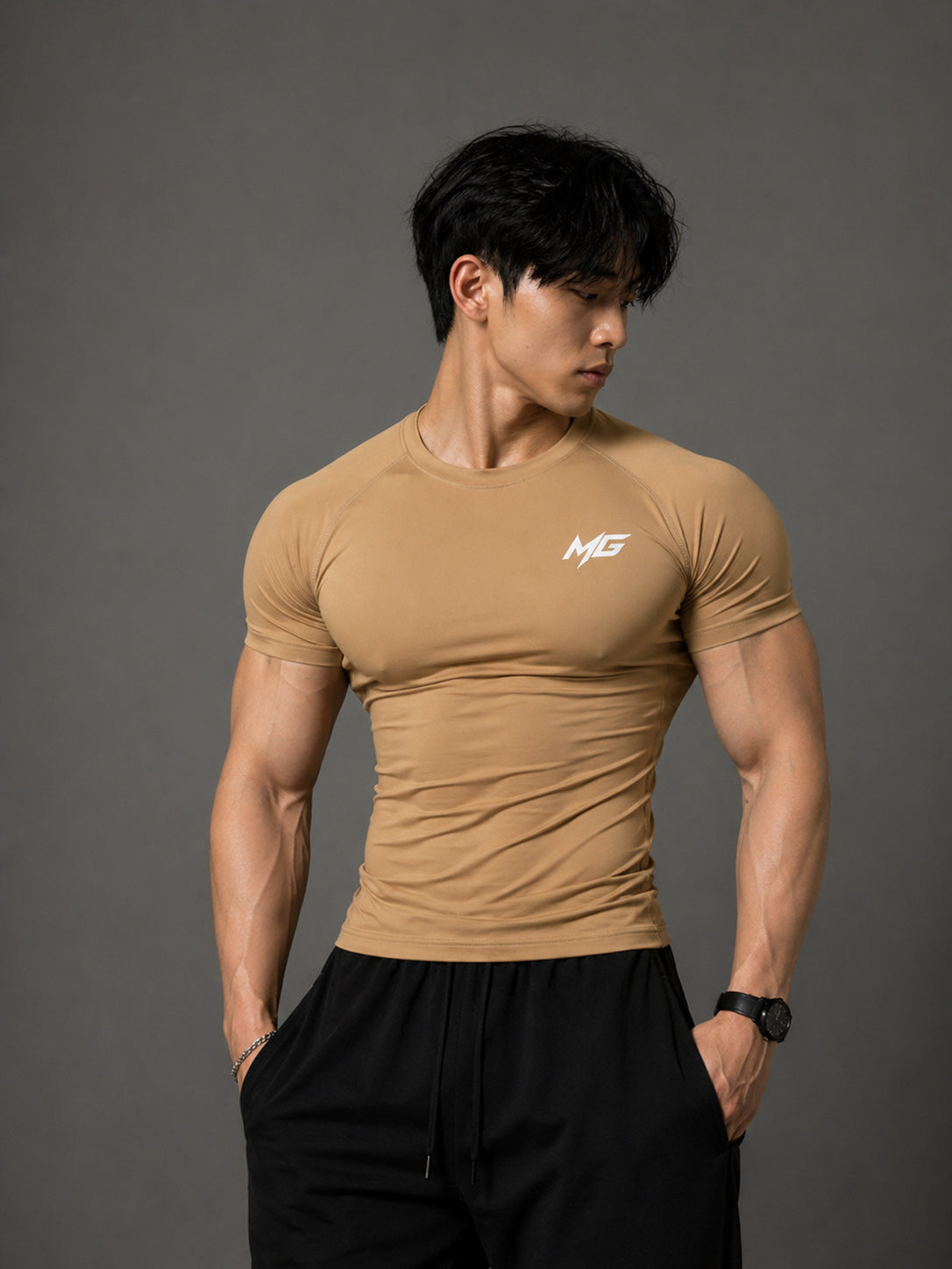 Montguru Pro Compression T-Shirt Beige – High Stretch Nylon Spandex (Sweat-Wicking)