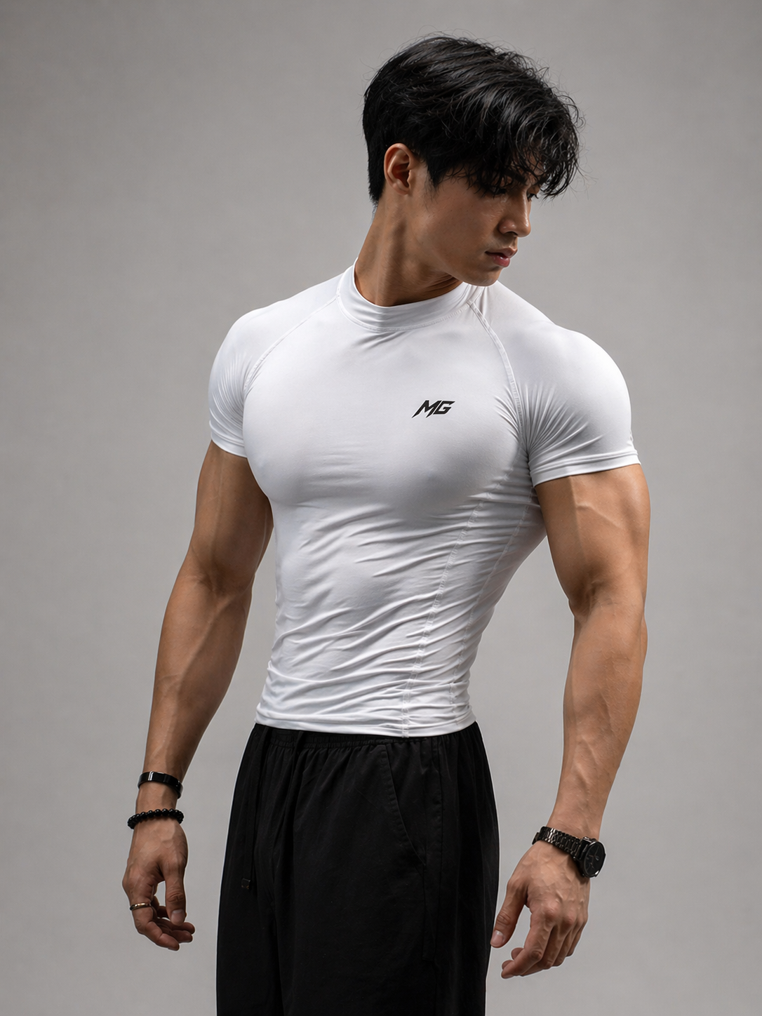Montguru Pro Compression T-Shirt White – High Stretch Nylon Spandex (Sweat-Wicking)