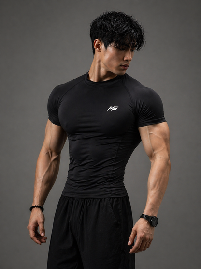 Montguru Pro Compression T-Shirt Black – High Stretch Nylon Spandex (Sweat-Wicking)