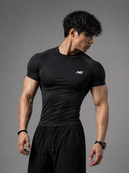 Montguru Pro Compression T-Shirt Black – High Stretch Nylon Spandex (Sweat-Wicking)