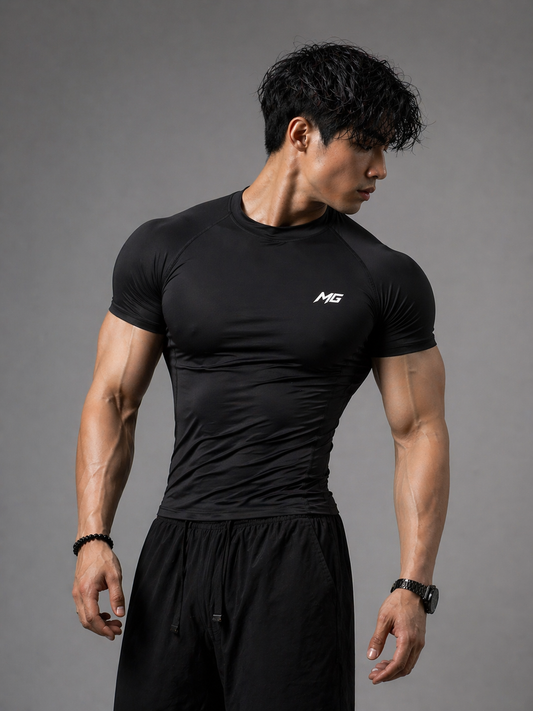 Montguru Pro Compression T-Shirt Black – High Stretch Nylon Spandex (Sweat-Wicking)