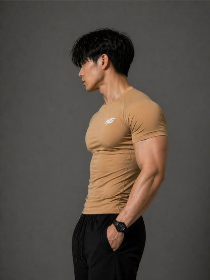 Montguru Pro Compression T-Shirt Beige – High Stretch Nylon Spandex (Sweat-Wicking)