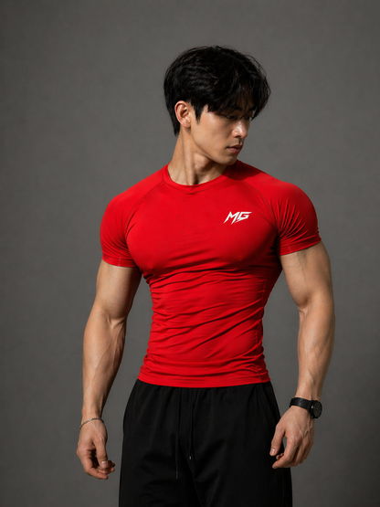 Montguru Pro Compression T-Shirt Red – High Stretch Nylon Spandex (Sweat-Wicking)