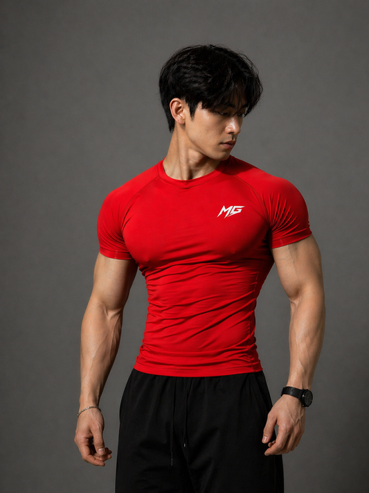 Montguru Pro Compression T-Shirt Red – High Stretch Nylon Spandex (Sweat-Wicking)