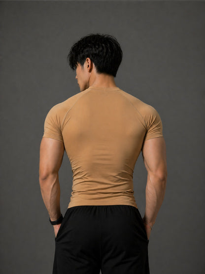 Montguru Pro Compression T-Shirt Beige – High Stretch Nylon Spandex (Sweat-Wicking)