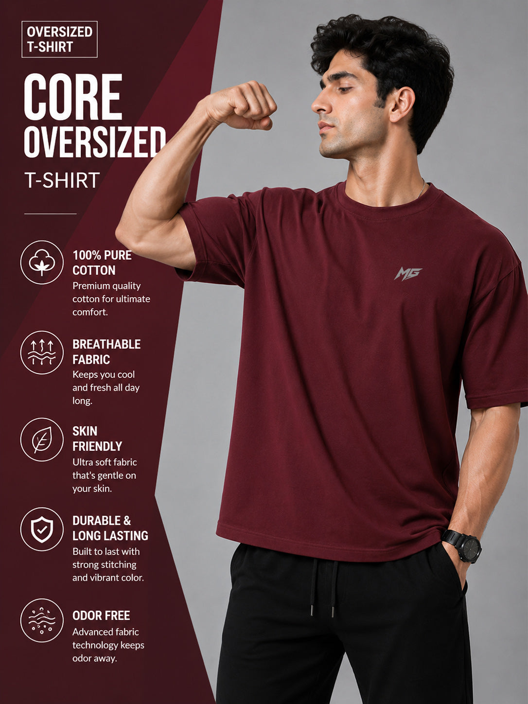 Core Oversized Premium Cotton Gym T-Shirt – Maroon
