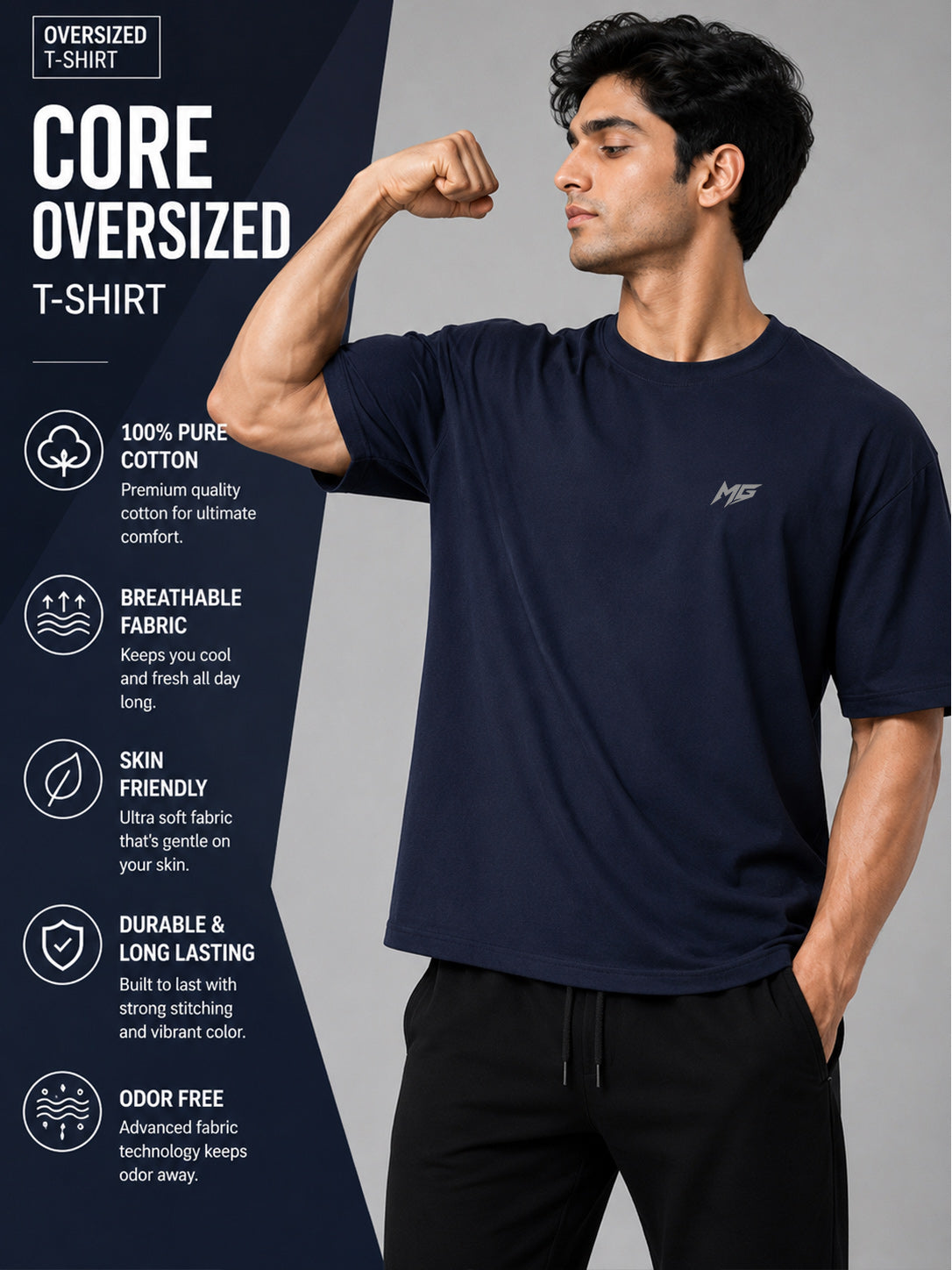 Core Oversized Premium Cotton Gym T-Shirt – Navy