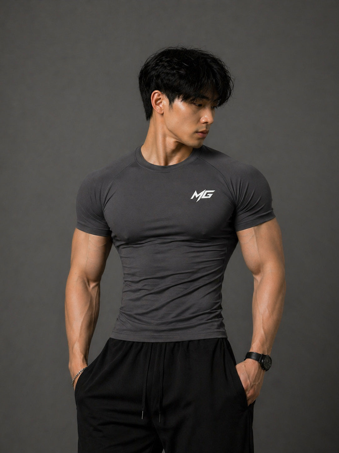 Montguru Pro Compression T-Shirt Dark Grey – High Stretch Nylon Spandex (Sweat-Wicking)