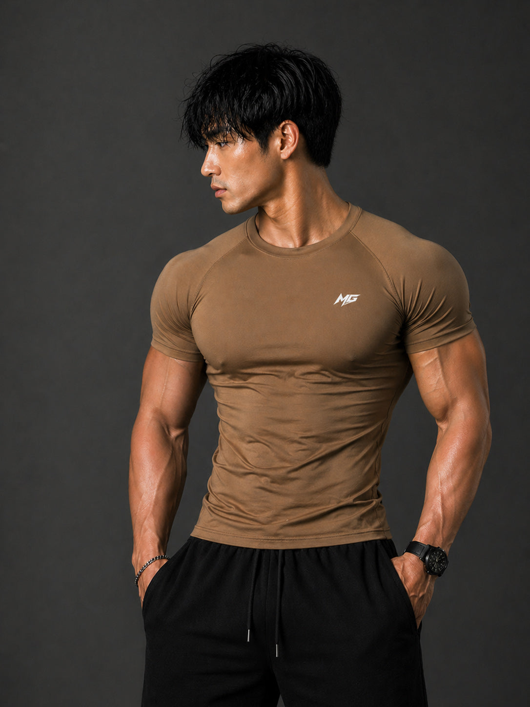 Montguru Pro Compression T-Shirt Mocha – High Stretch Nylon Spandex (Sweat-Wicking)